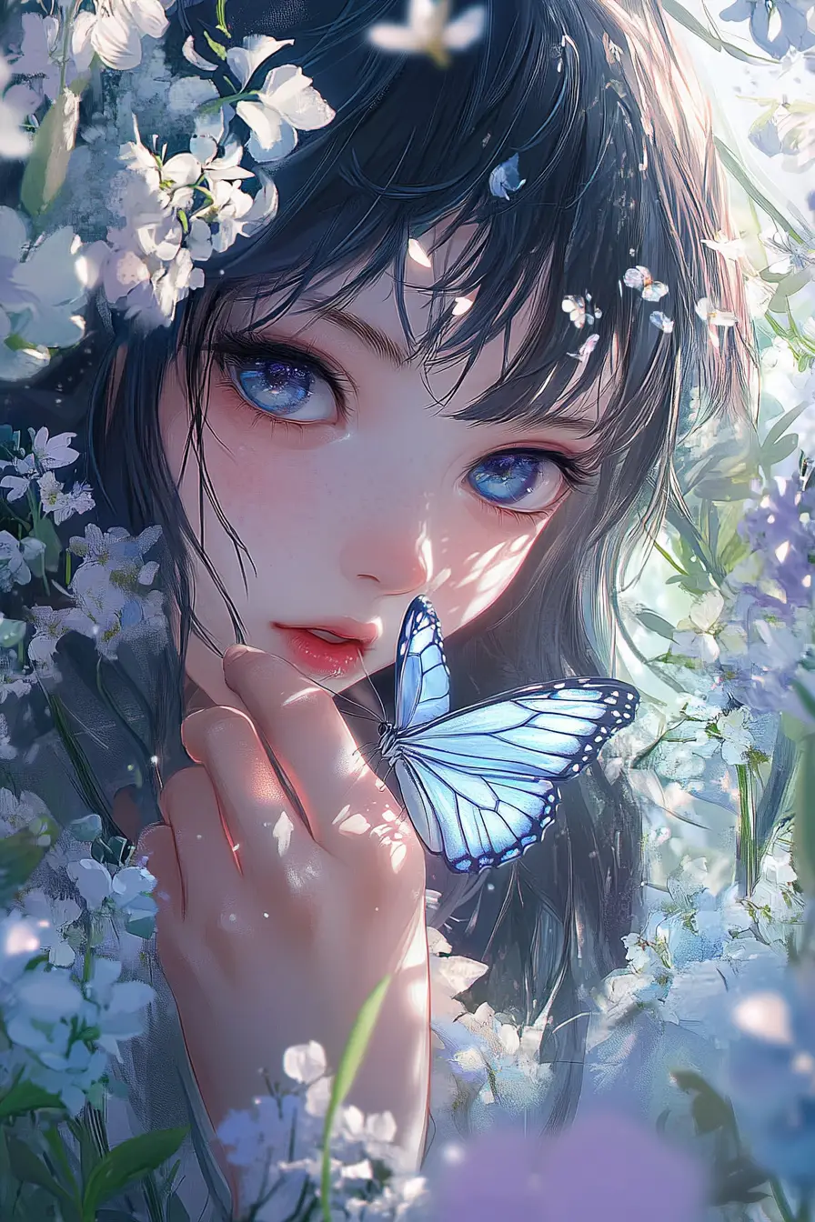 Ragazza anime in primo piano con farfalla e sfondo floreale