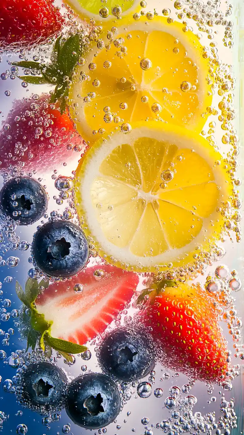 Farbenfrohes Fruchtgetränk in Nahaufnahme mit Glas und Bläschen