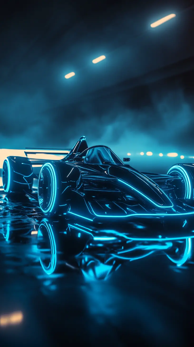 Auto da corsa al neon futuristica su superficie scura riflettente