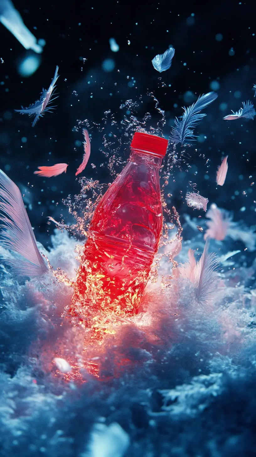Leuchtende Flasche, die durch Federn und Jelly‑Perlen explodiert
