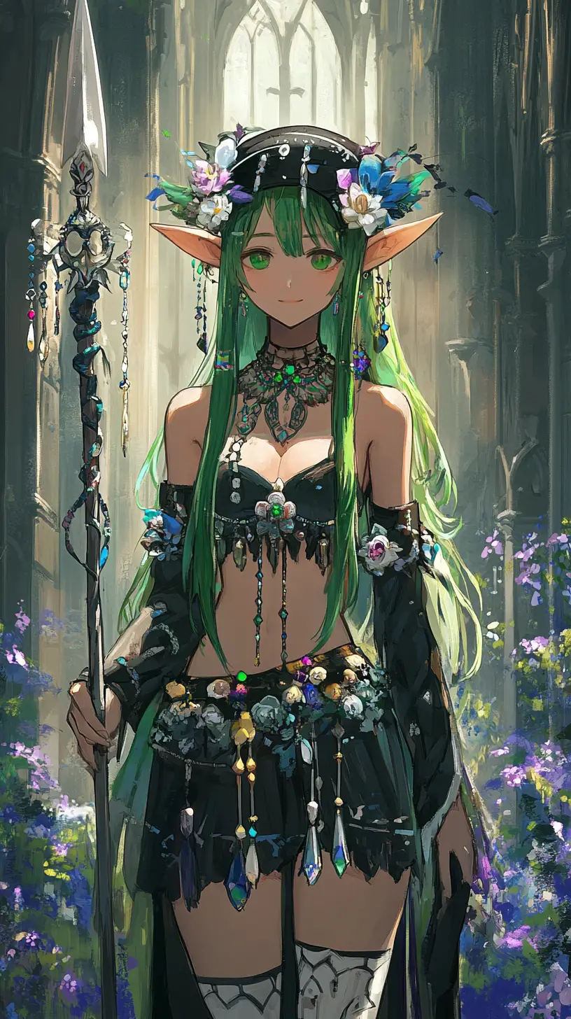 Fantasy elf girl with spear in gothic cathedral