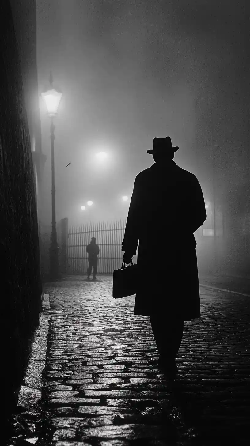 Solitary man walking along the Berlin Wall at night