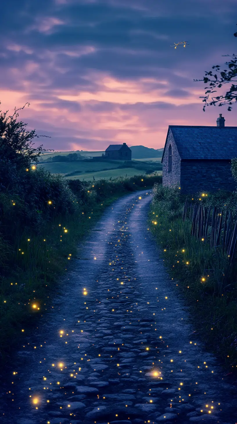 Strada di campagna da sogno al crepuscolo con lucciole luminose