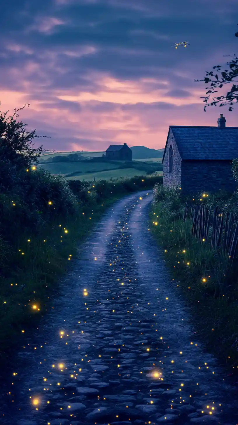 Dreamlike country road at dusk with glowing fireflies