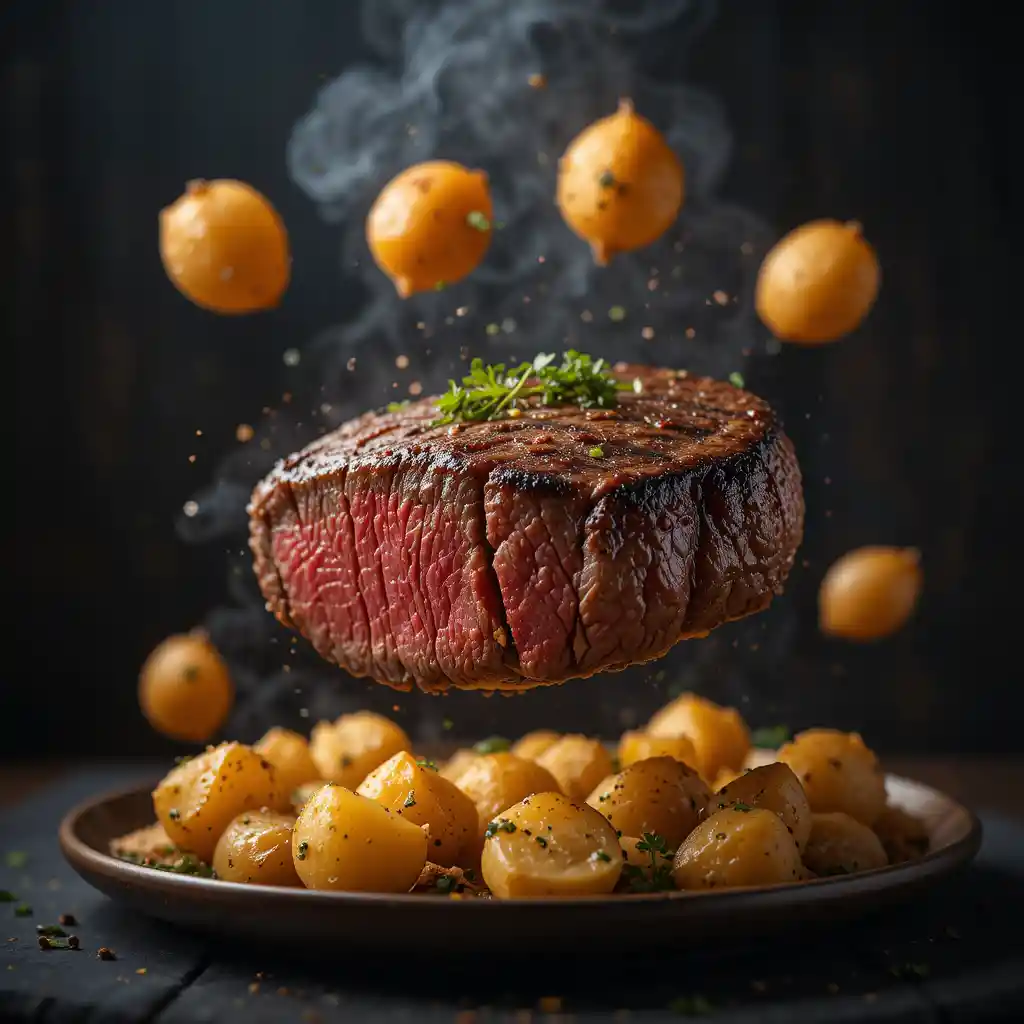 Gourmet steak with roasted potatoes in dramatic studio lighting