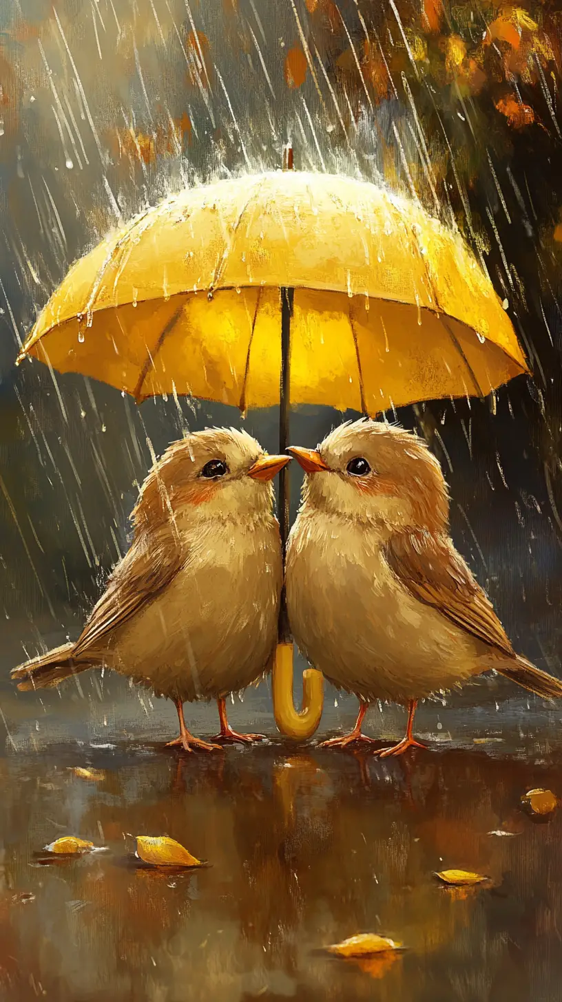 雨中黃色雨傘下的三隻風格化小鳥