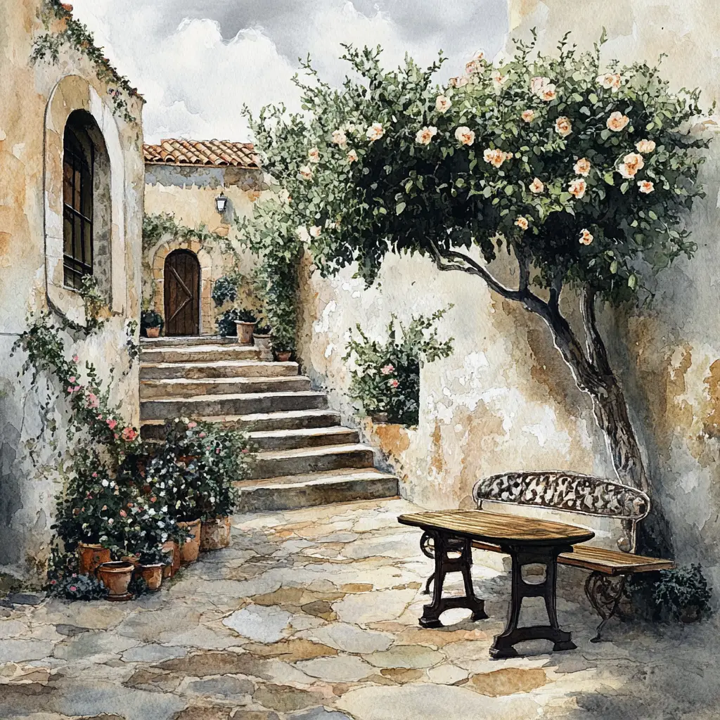 Cozy city courtyard with flowers and crooked tree
