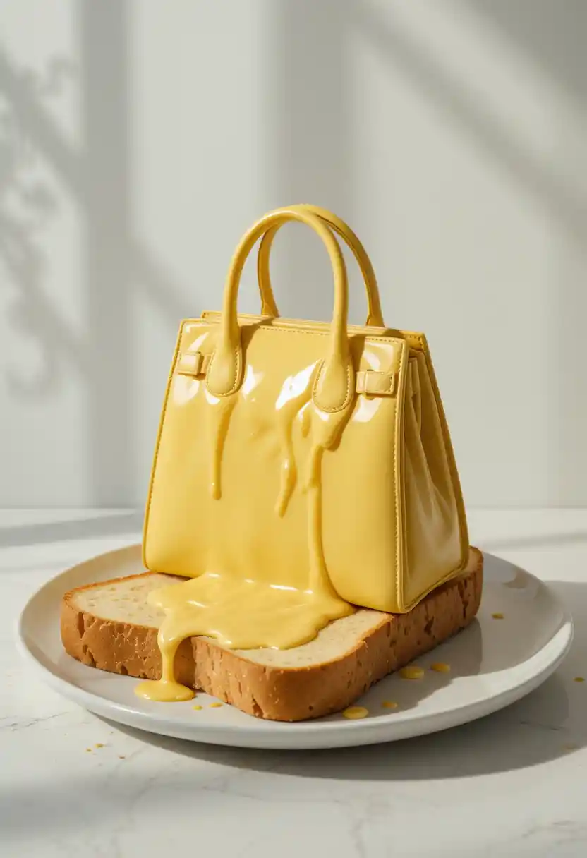 Melting yellow handbag on cheesy brioche toast photograph