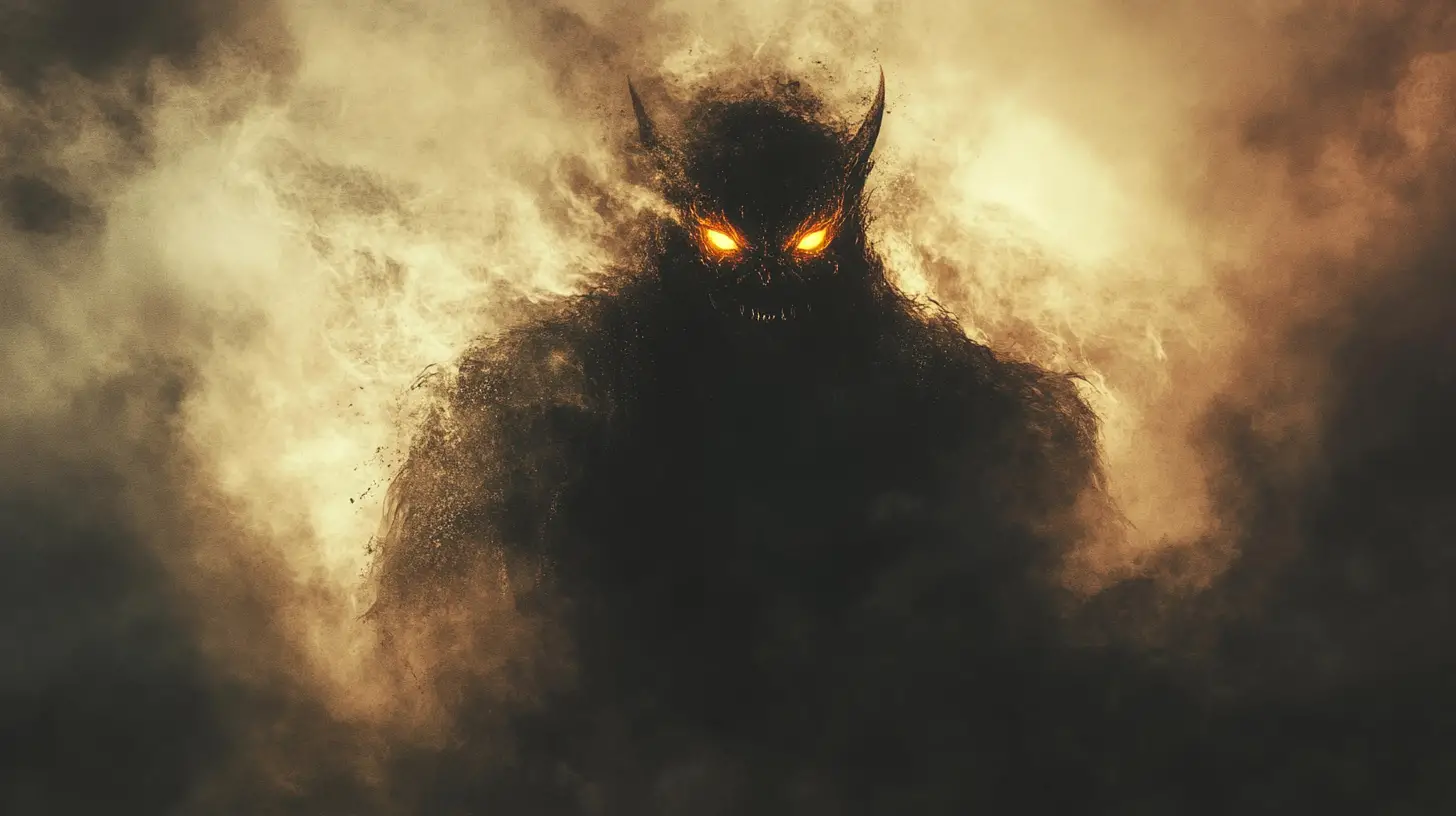 渦巻く霧から現れる光る目の闇の悪魔
