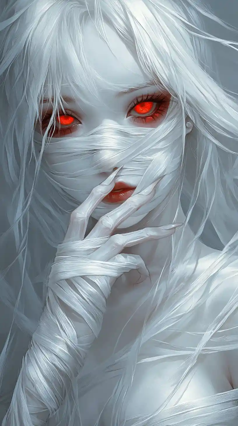 Ghostly bandaged anime woman with glowing red eyes