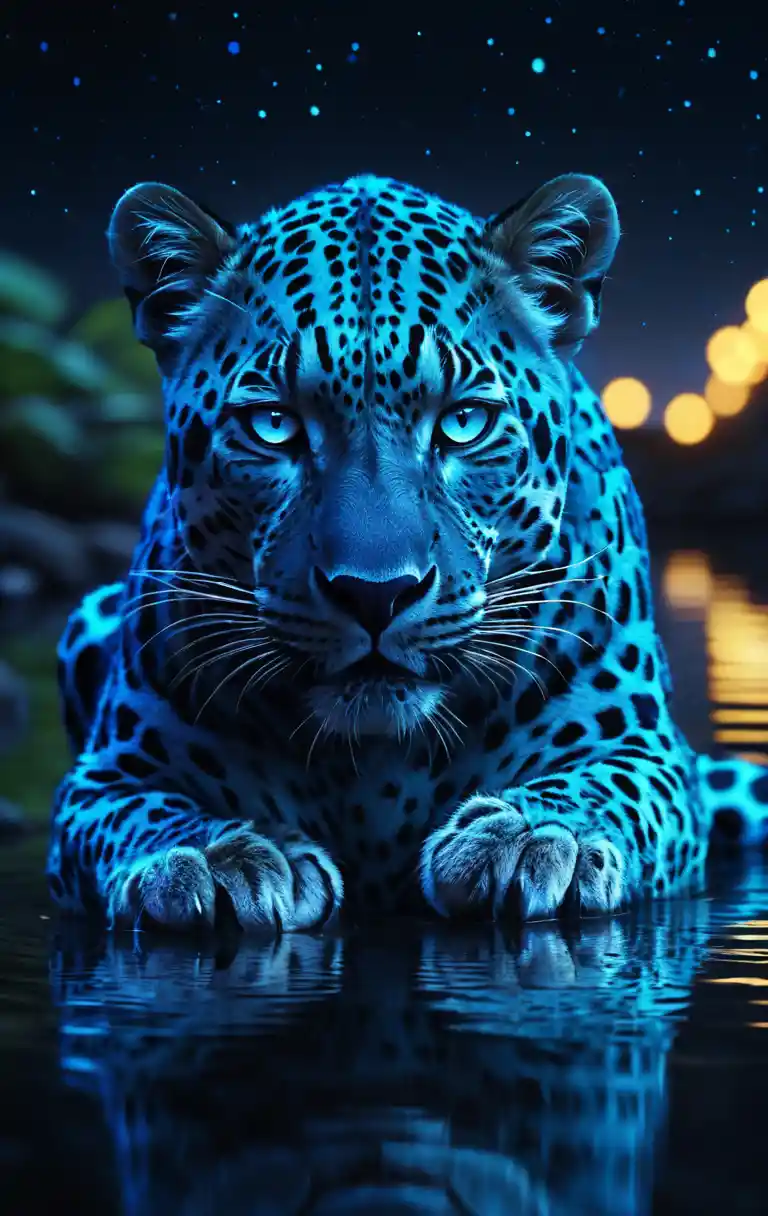 Leopardo blu luminoso sopra acqua riflettente sotto le stelle
