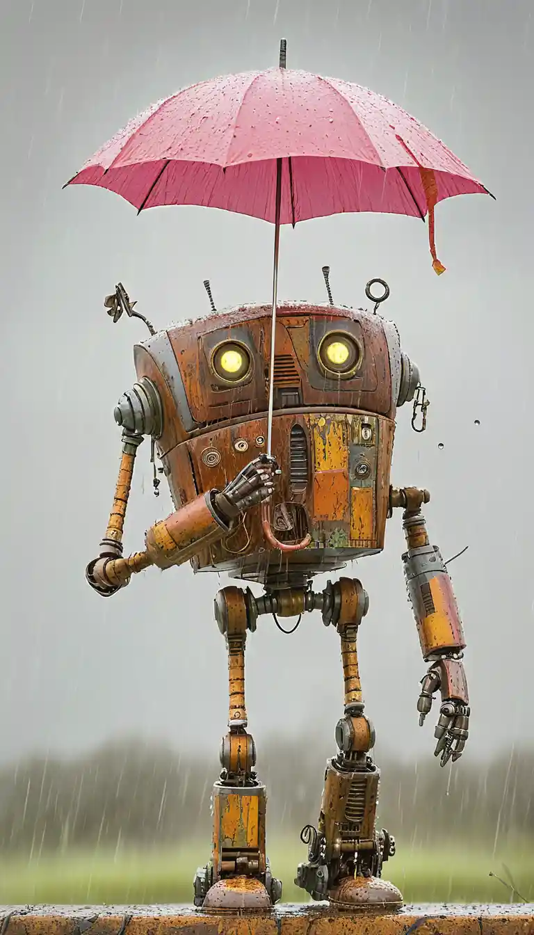 Rusty robot with red umbrella standing in rainy street