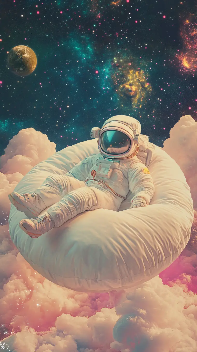 Explorateur spatial somnolent dérivant sur une planète coussin