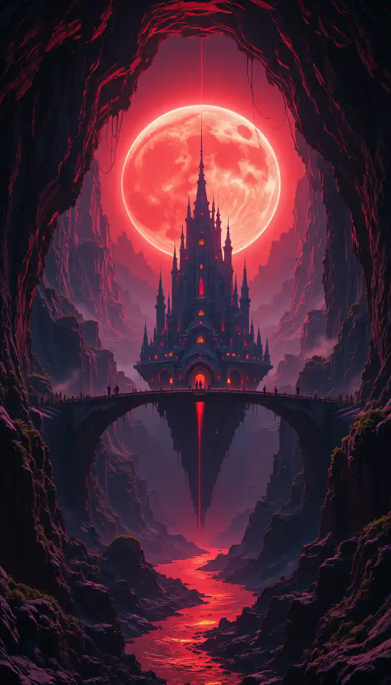 Cyberpunk castle above a dark cavern with digital sun