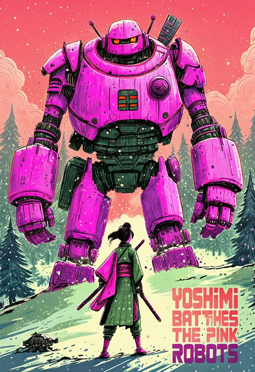 Samurai stellt sich futuristischem pinken Roboter im verschneiten Wald
