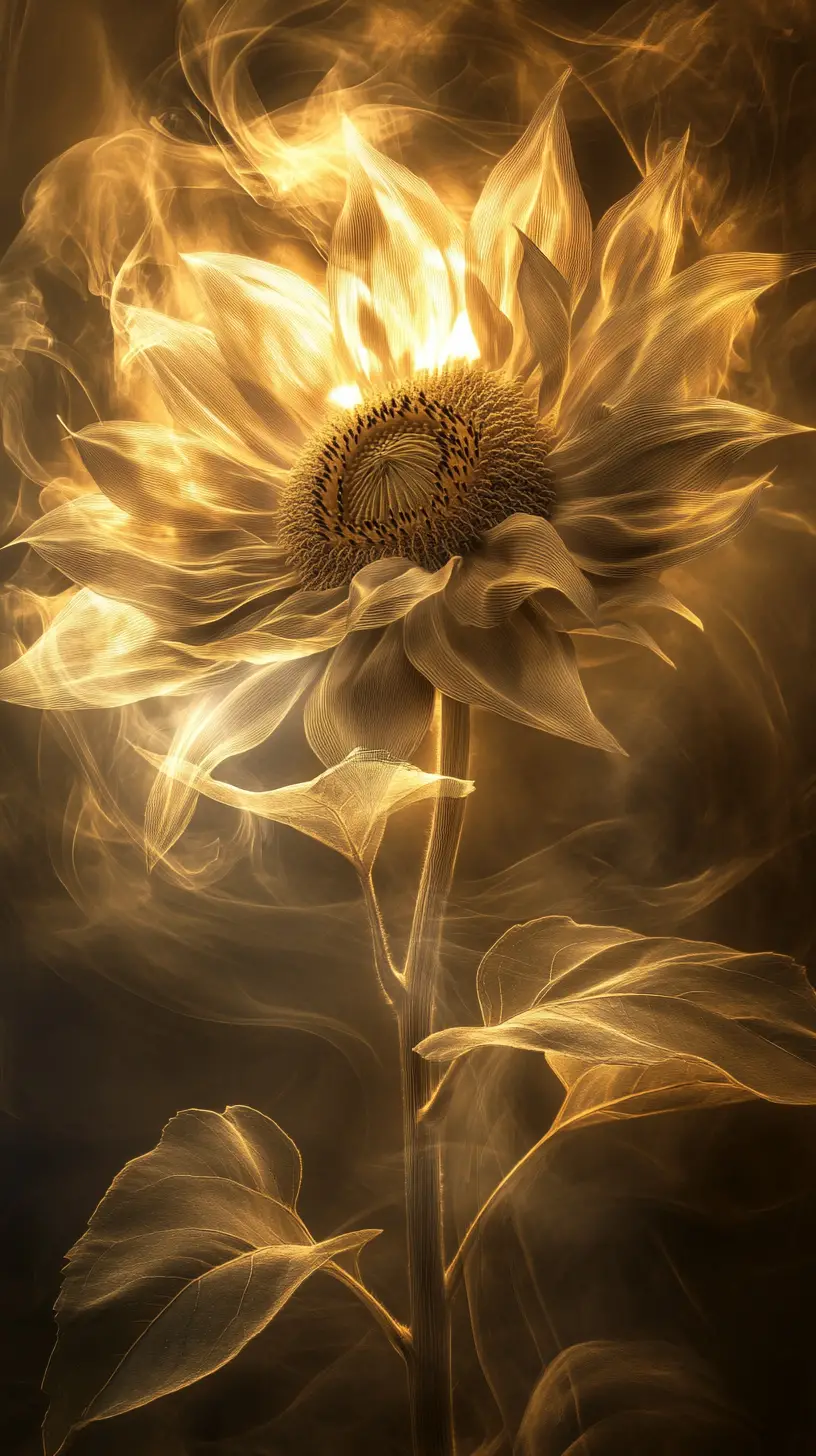 Girasole luminoso con petali traslucidi su sfondo scuro