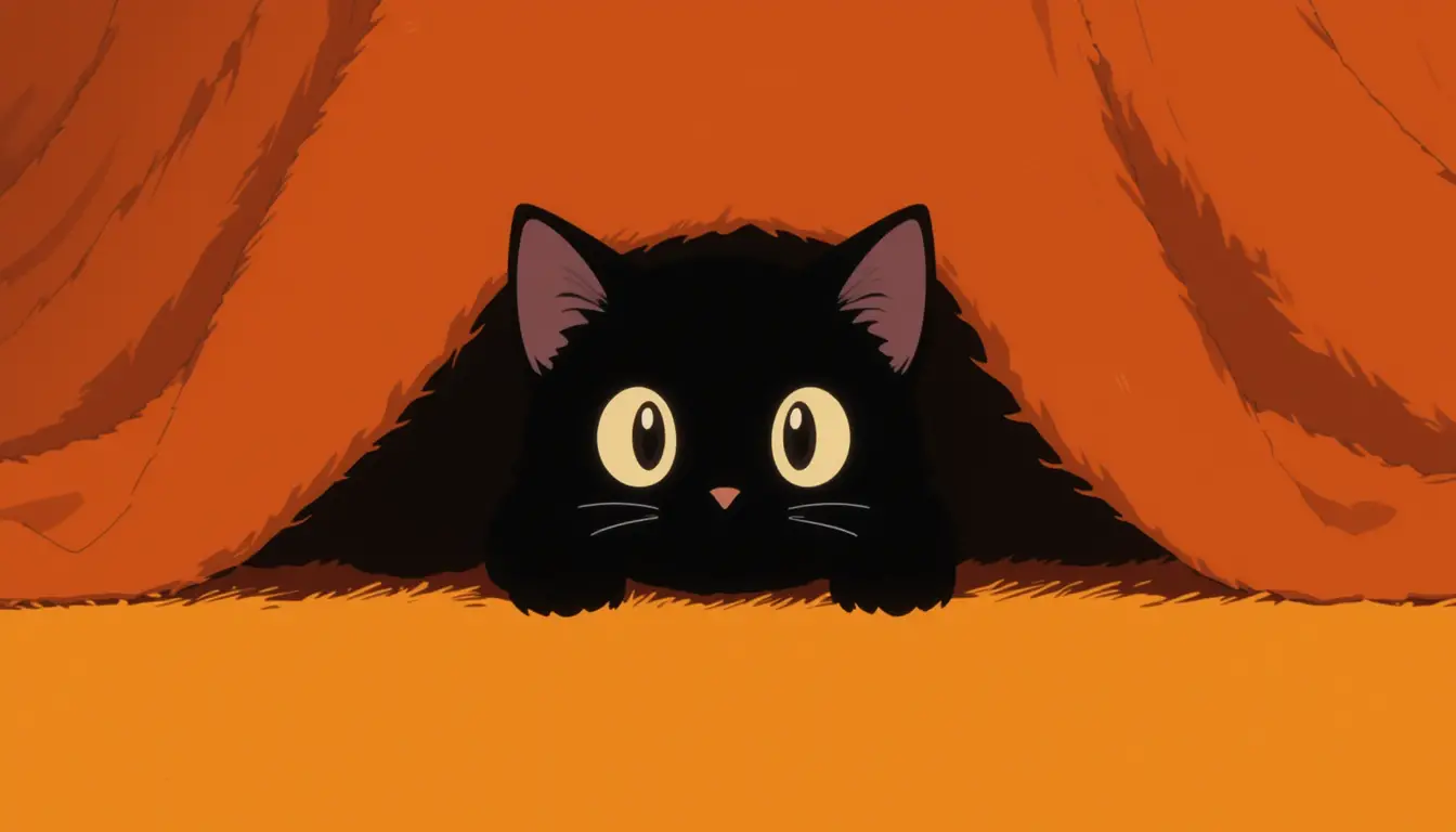 Chat noir cartoon qui regarde depuis l’ombre sur fond orange