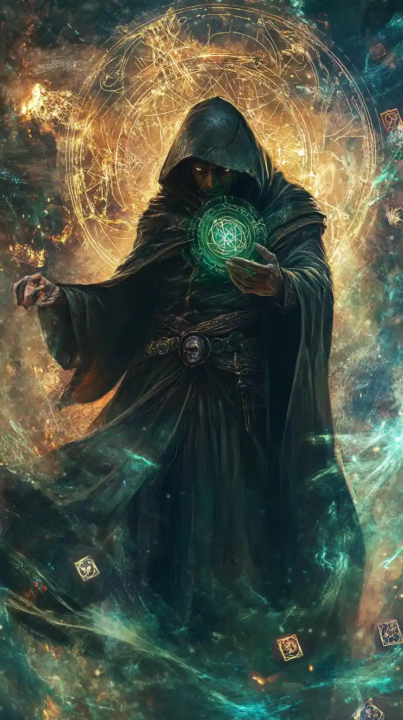 Dark robed sorcerer amid swirling magic and runes