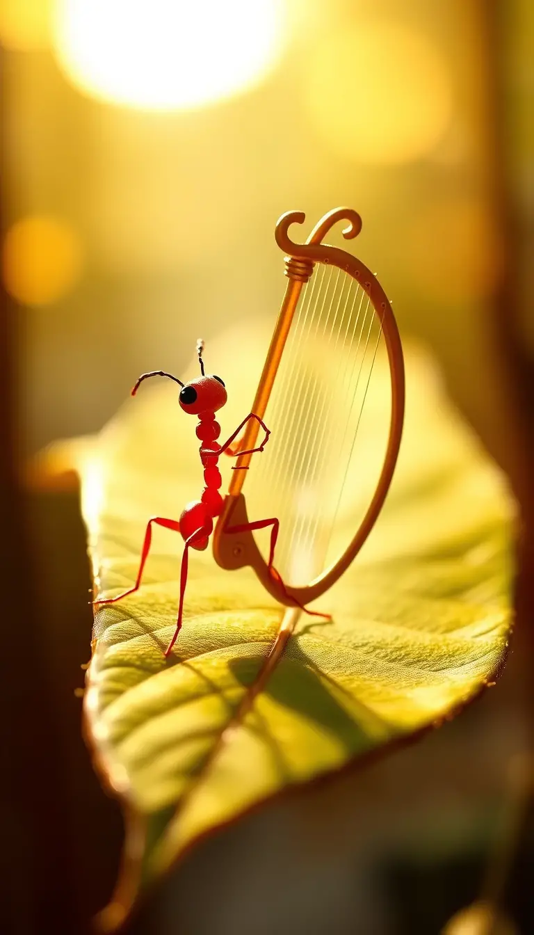 Rote Ameise spielt eine goldene Harfe auf einem Blatt
