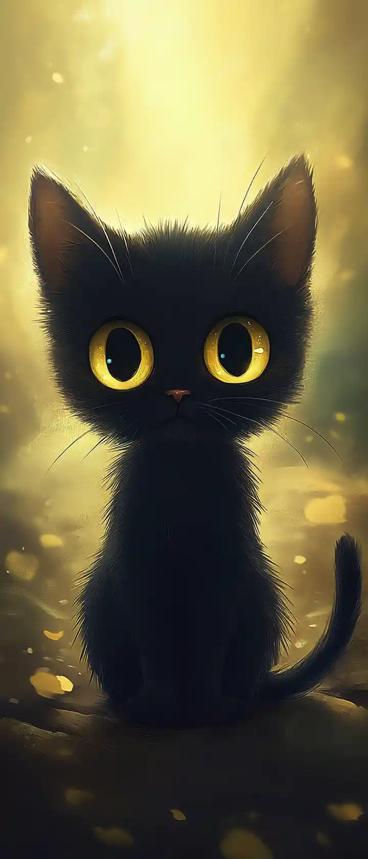 Piccolo gatto chibi nero con occhi dorati che guarda verso l’alto
