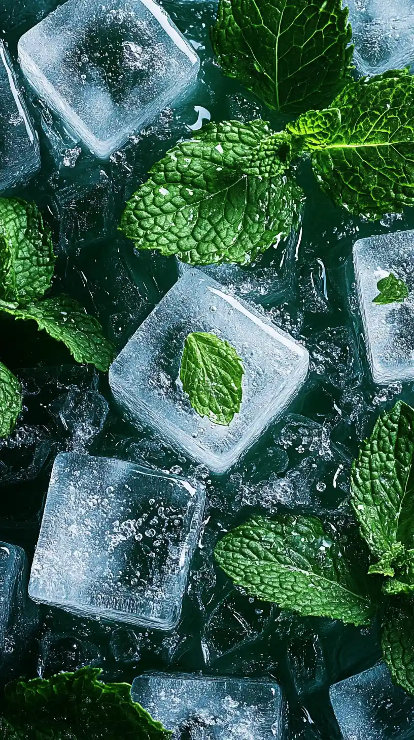 Primer plano de hojas de menta y cubos de hielo con gotas de agua