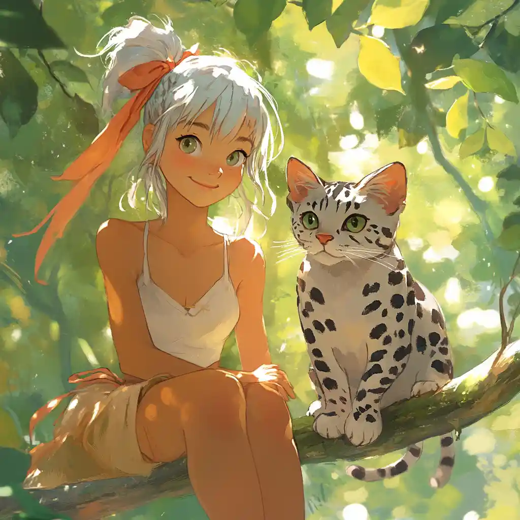Chica de anime y gato sonriendo juntos en una rama bañada por el sol
