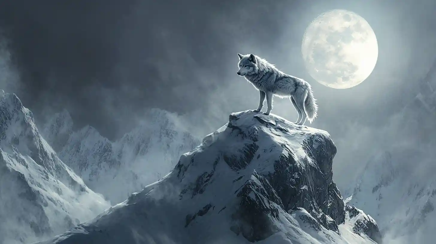 滿月下雪山上的孤灰狼