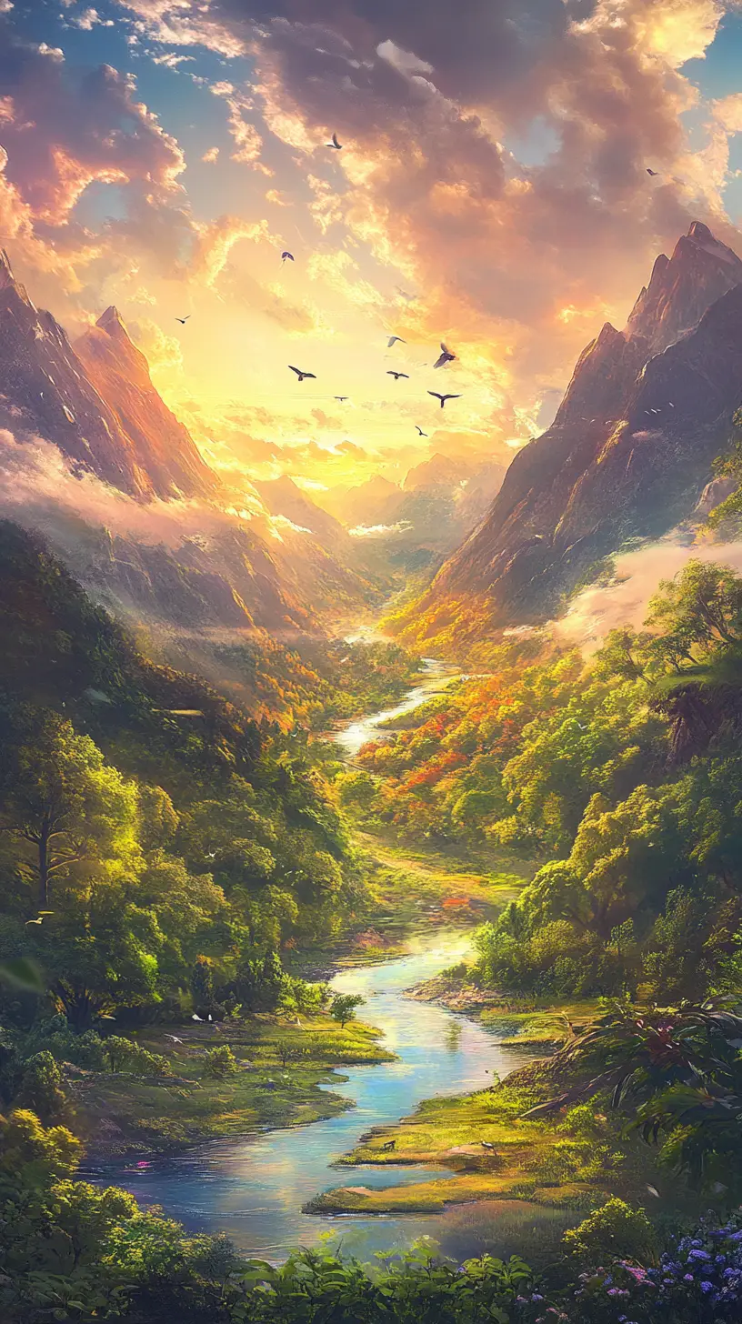 Sonnenuntergangslandschaft eines verborgenen Tals mit gewundenem Fluss