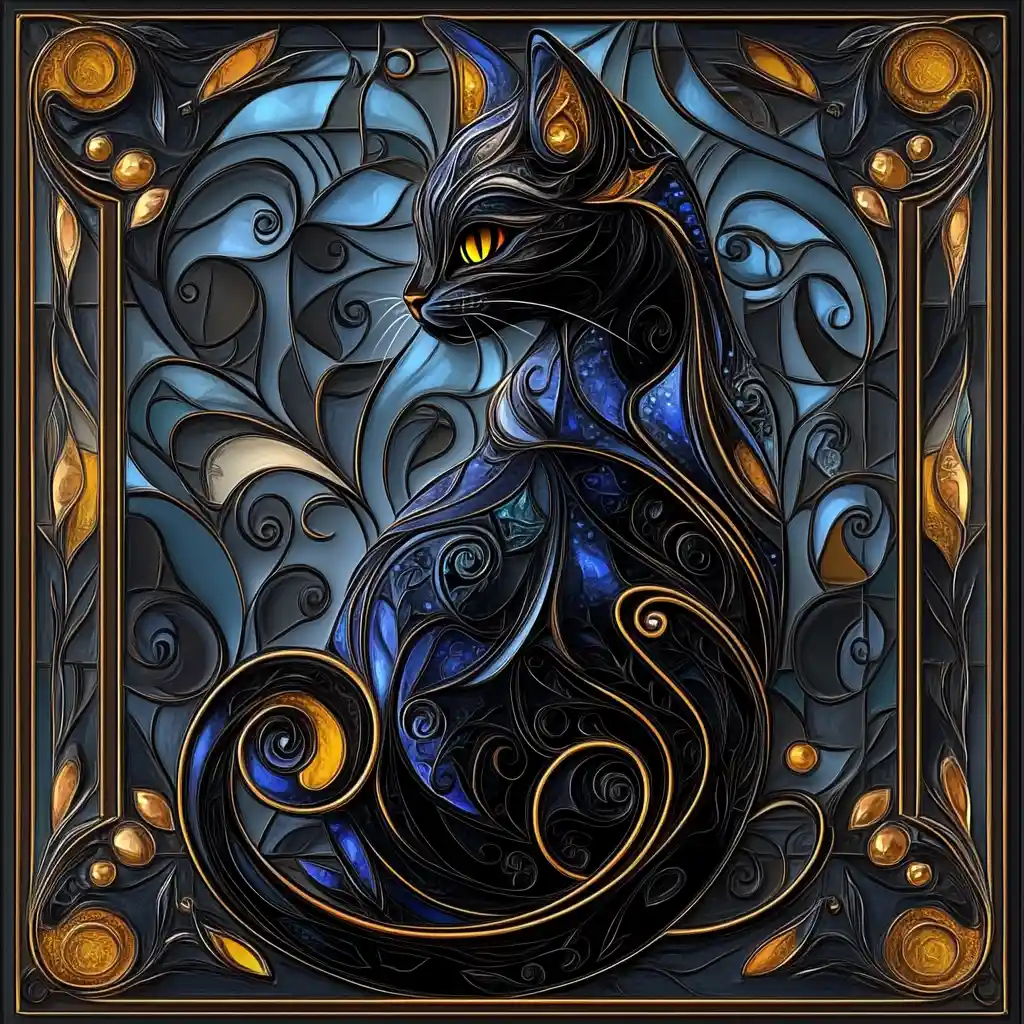 Painel decorativo de vitral com gato preto estilizado