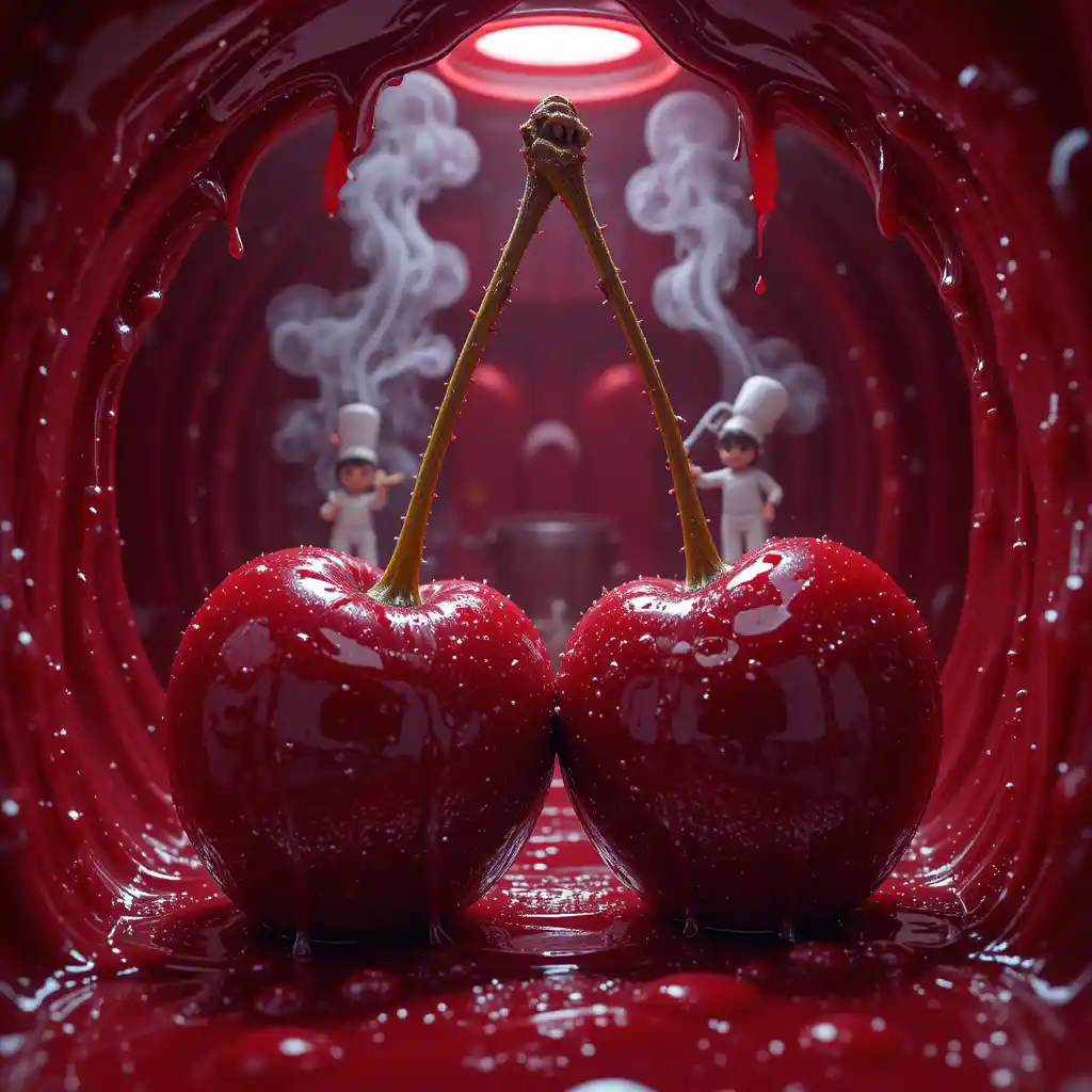 Macro close up of glossy twin cherries as tiny factory