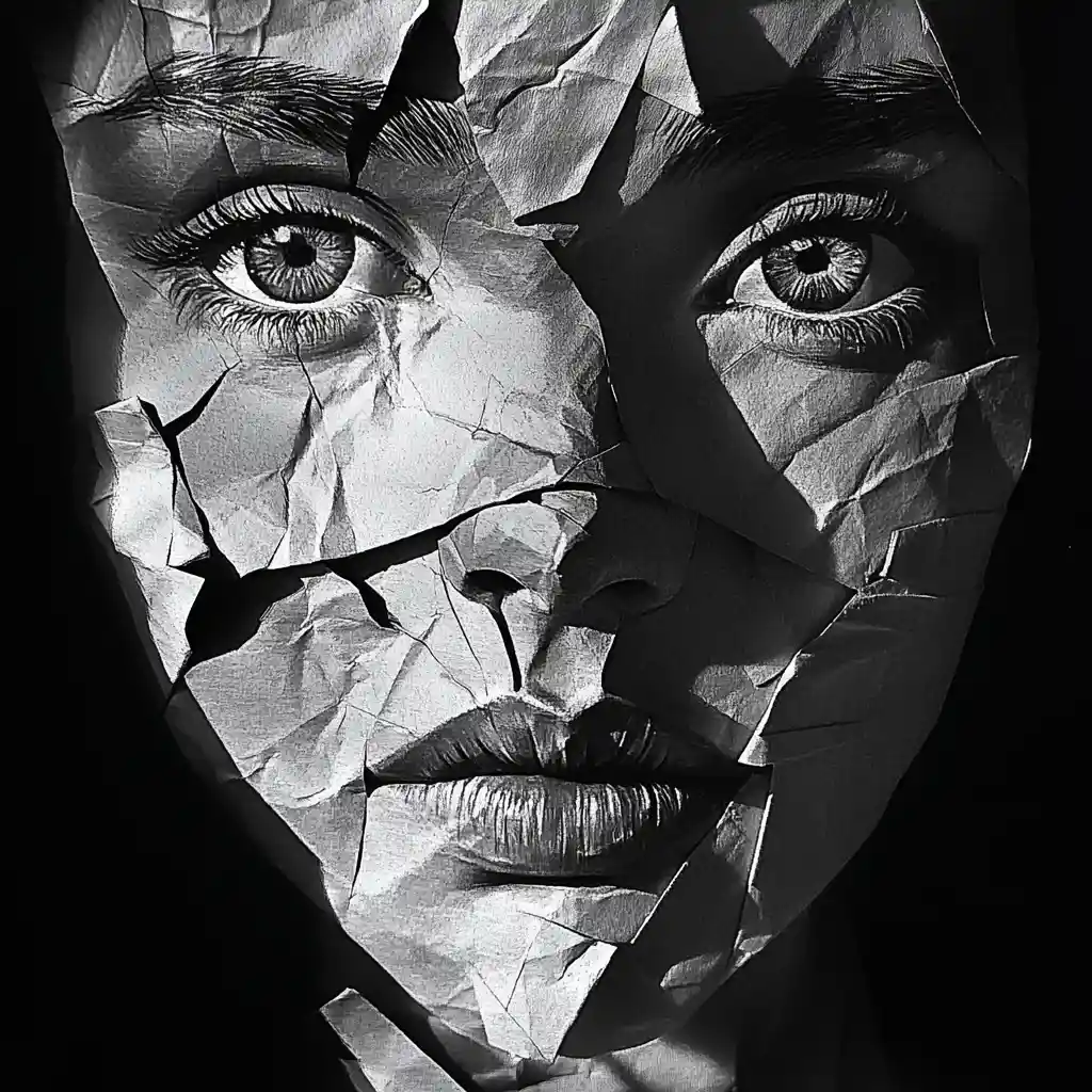 Close up origami face with deep folds and shadows