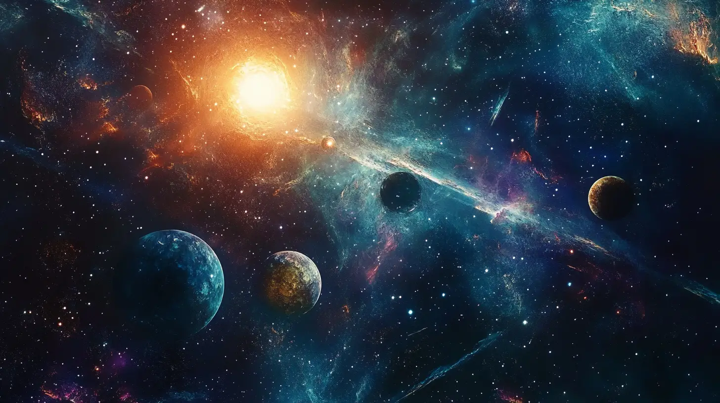 輝く宇宙銀河のファンタジーな惑星と星々
