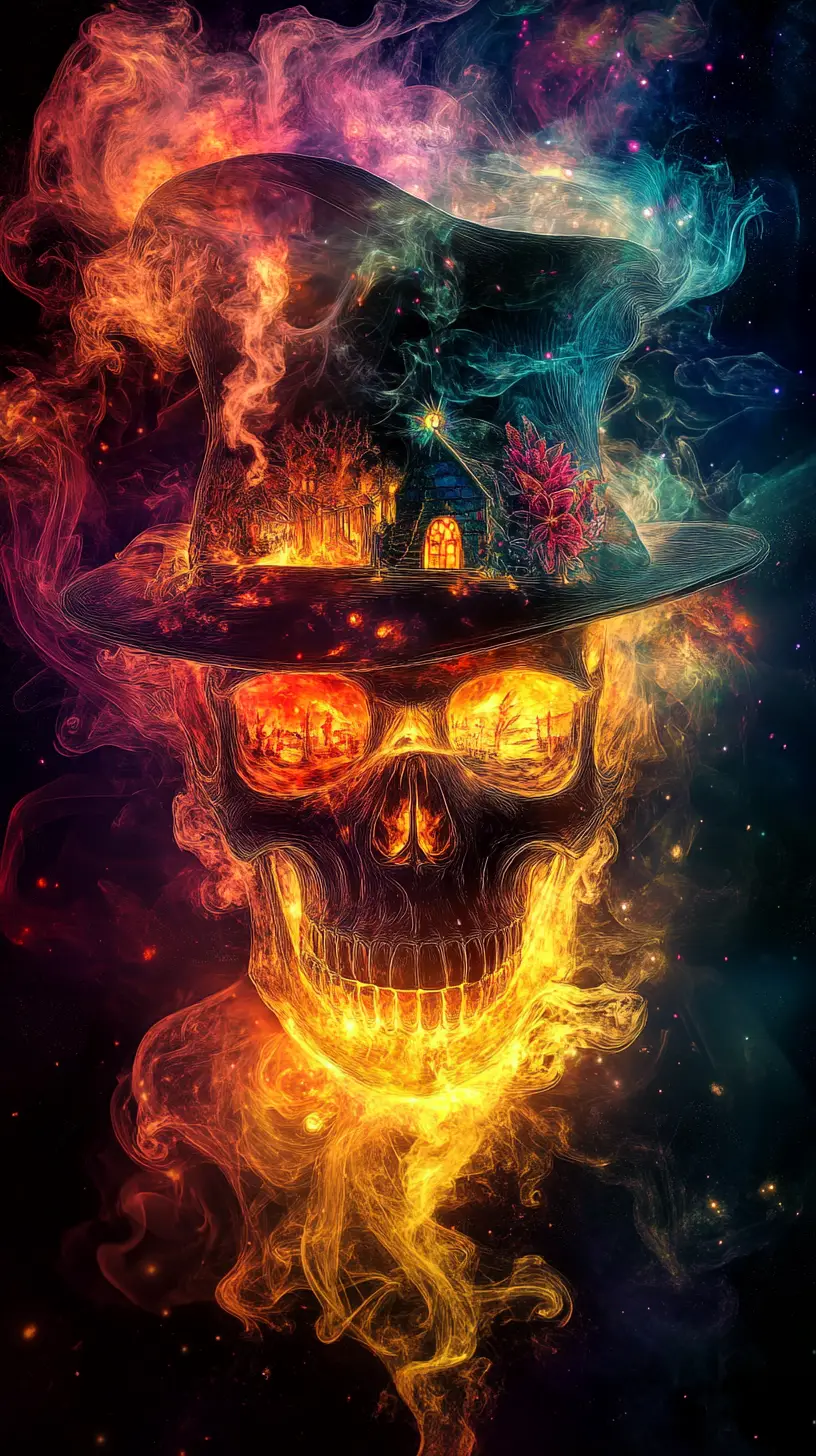 Teschio al neon con silhouette di strega e fumo arcobaleno in fiamme
