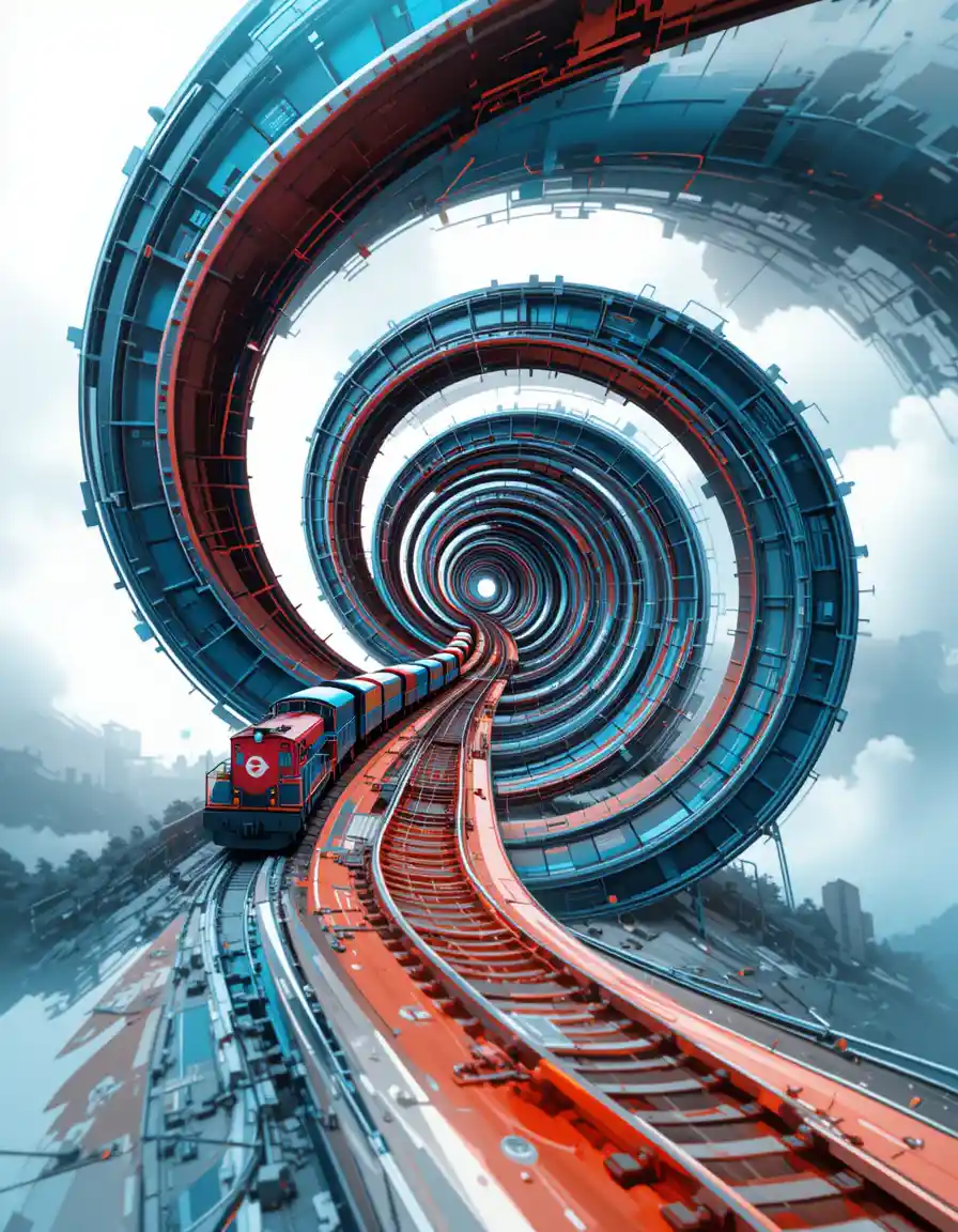 Spiral railway train moving along abstract digital road