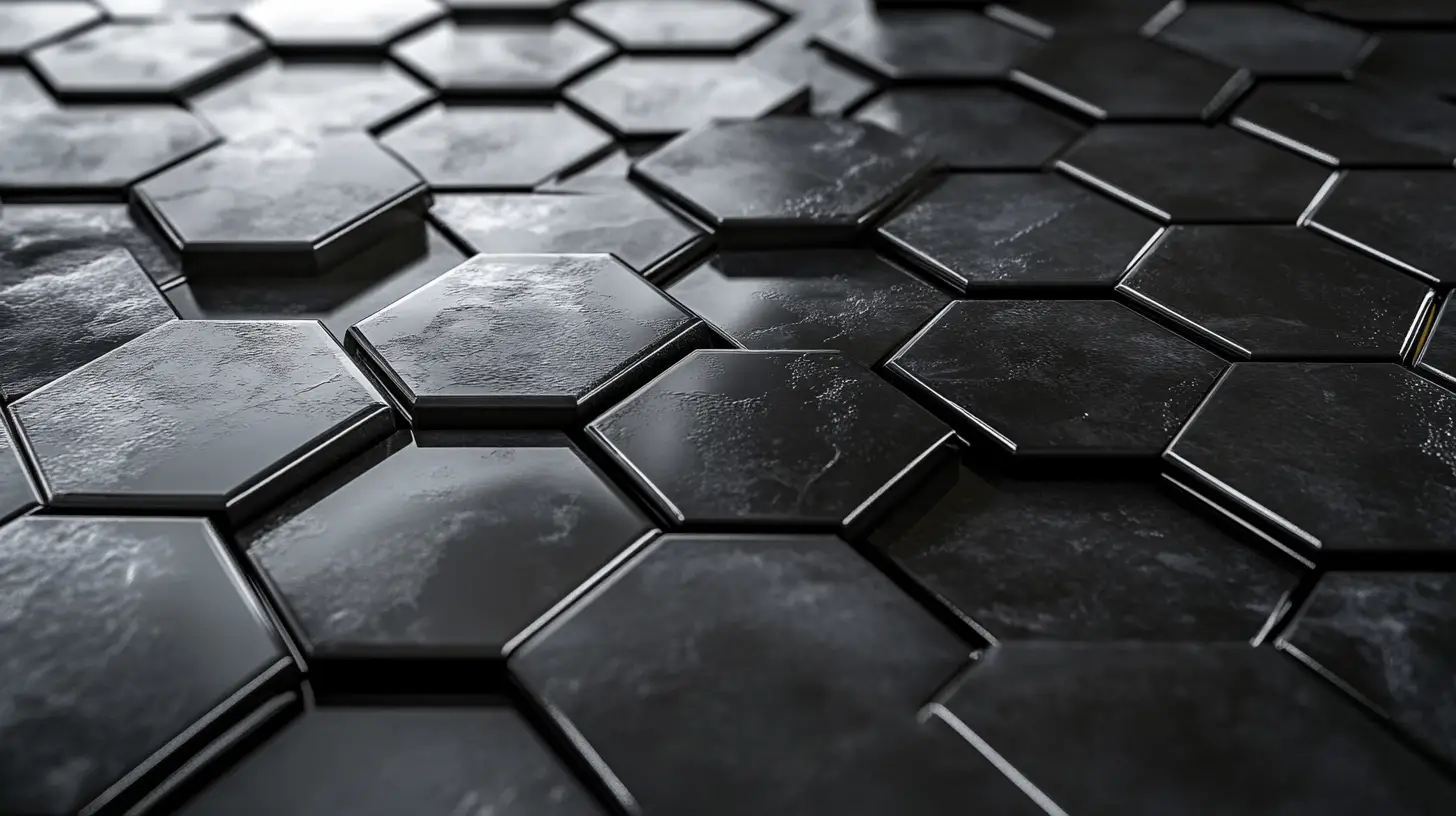 Mosaico de baldosas hexagonales 3D reflectantes en tonos oscuros