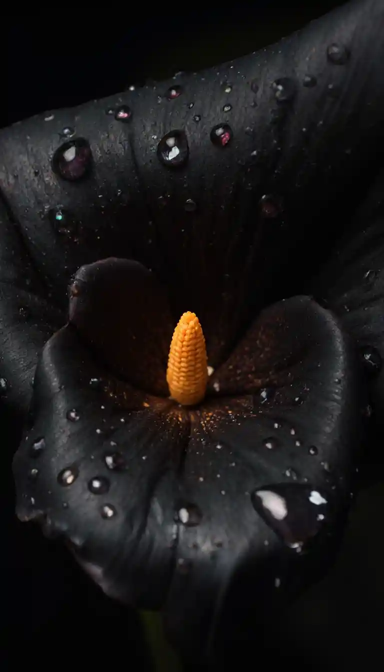 Macro black calla lily with water droplets and light
