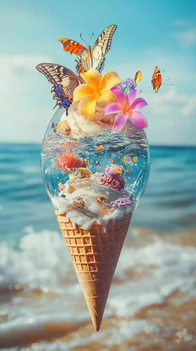 Surreal ice cream cone with ocean and tropical flowers