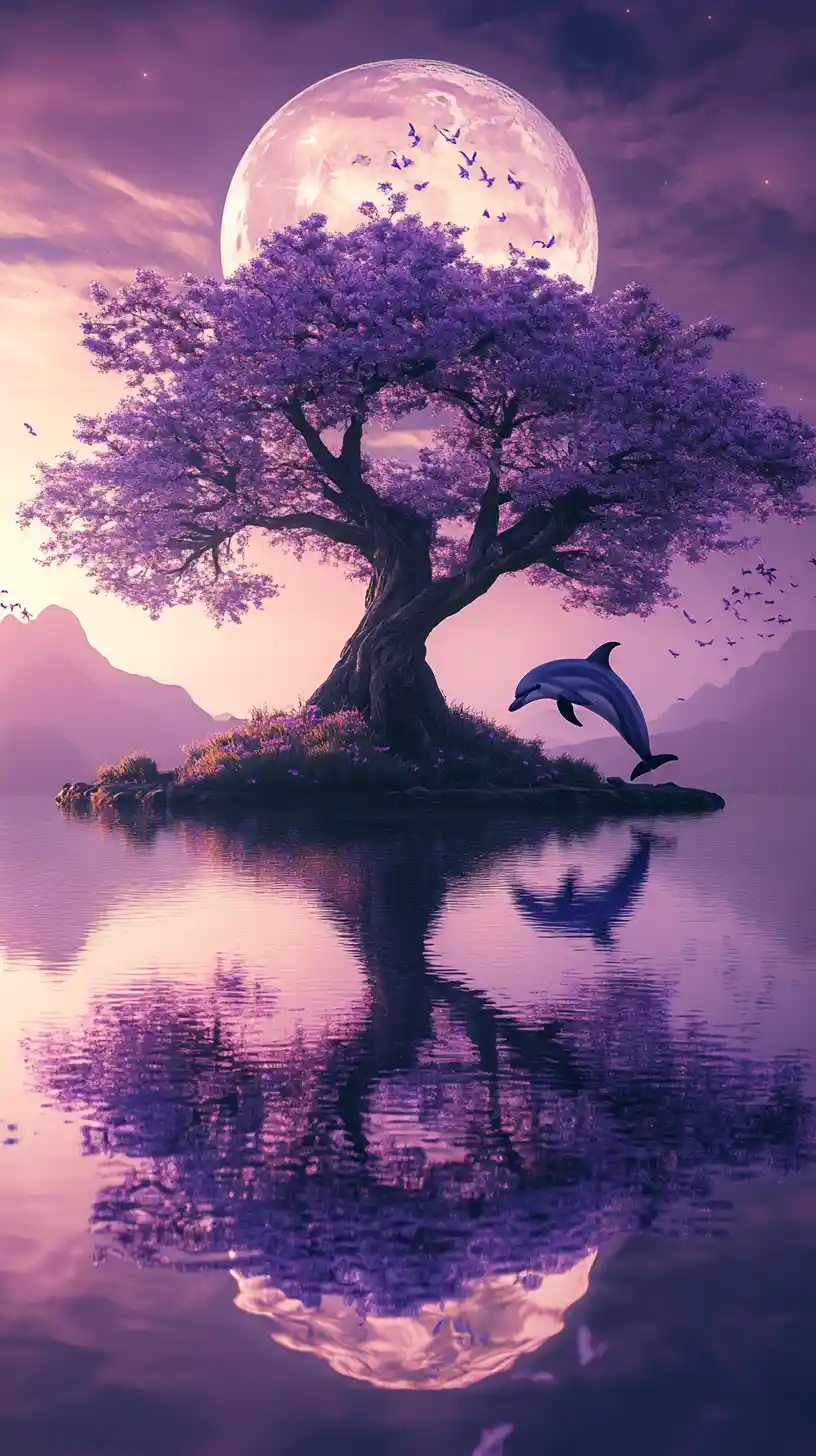 Purple tree reflected in a calm lake under full moon