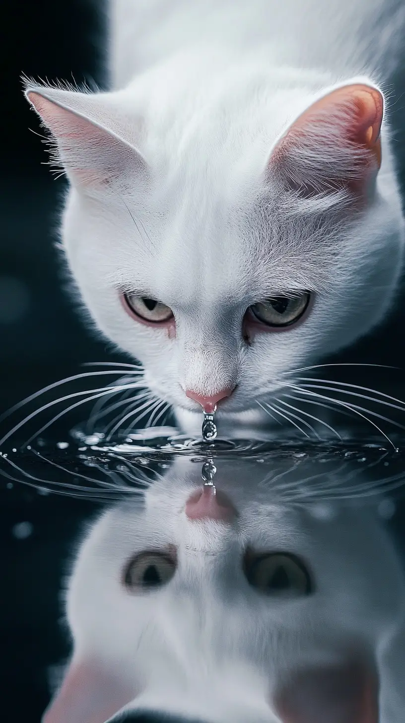 雨中喝水並映出倒影的白貓