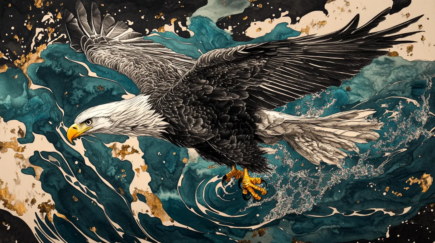 Surrealer Adler, der über spiegelndem Wasser gleitet – Illustration