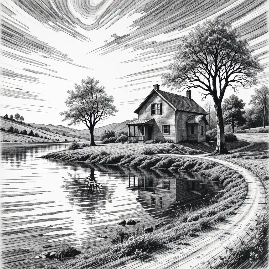 Isoliertes Haus am See als Bleistiftzeichnung mit dramatischen Schatten