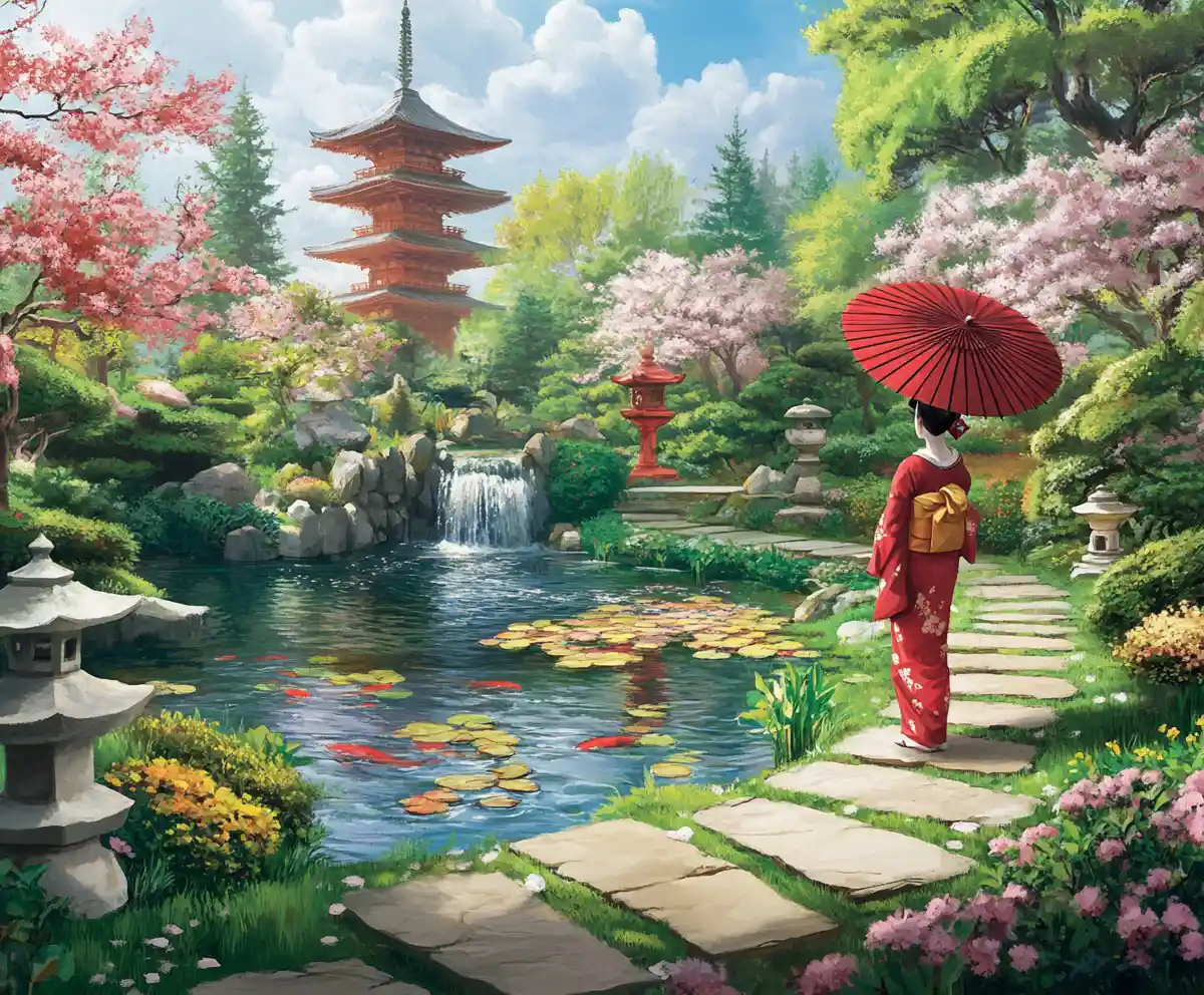 身穿紅色和服的藝伎漫步於日式庭園