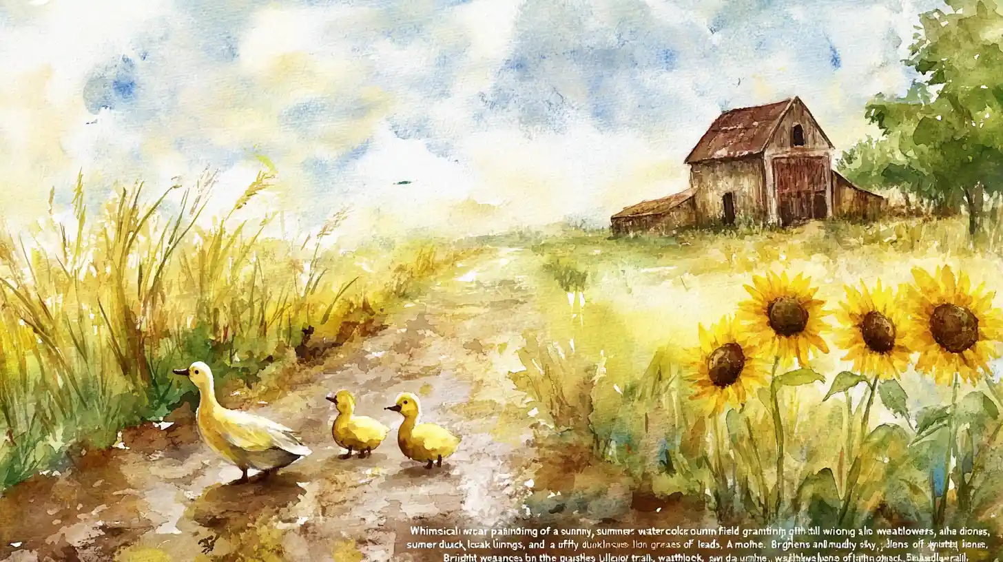 Whimsical Watercolor Of Ducks In Sunny Summer Field