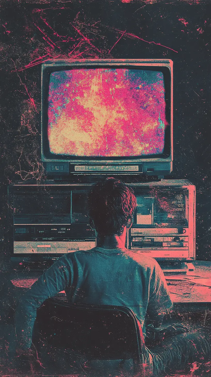 Retro-VHS-Glitch-Bildschirm mit Kritzeleien und Notizen