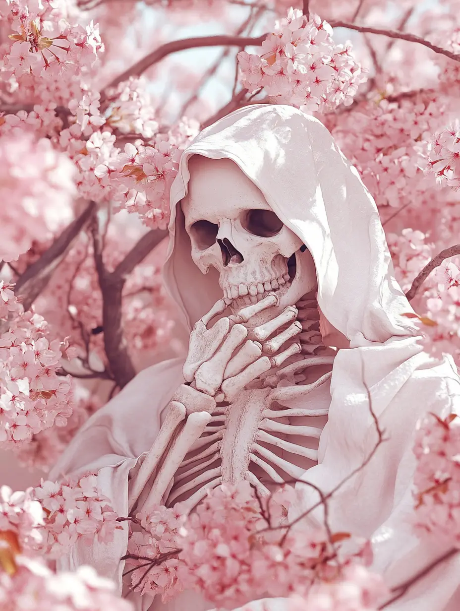 白いローブをまとった骸骨と夢のような桜