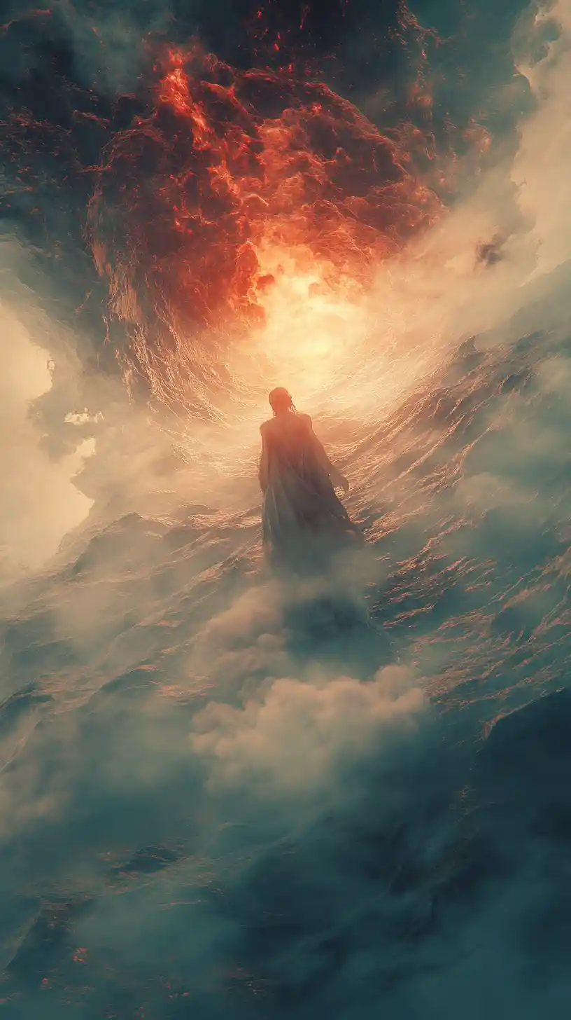 Cherubic demon emerging in a glowing celestial landscape