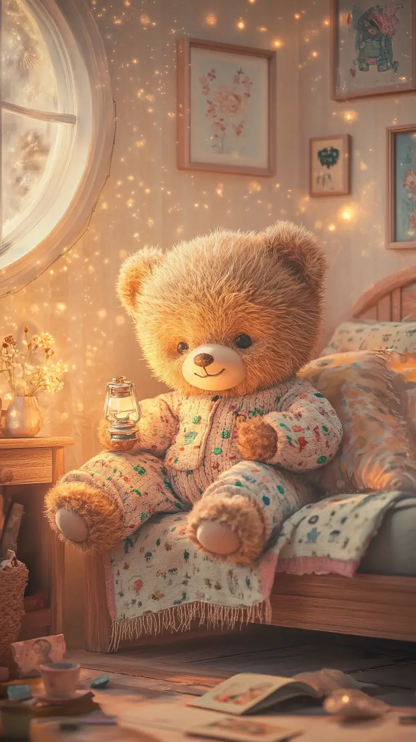 Orsetto di Peluche Accogliente in una Scena di Camera da Letto da Fiaba della Buonanotte