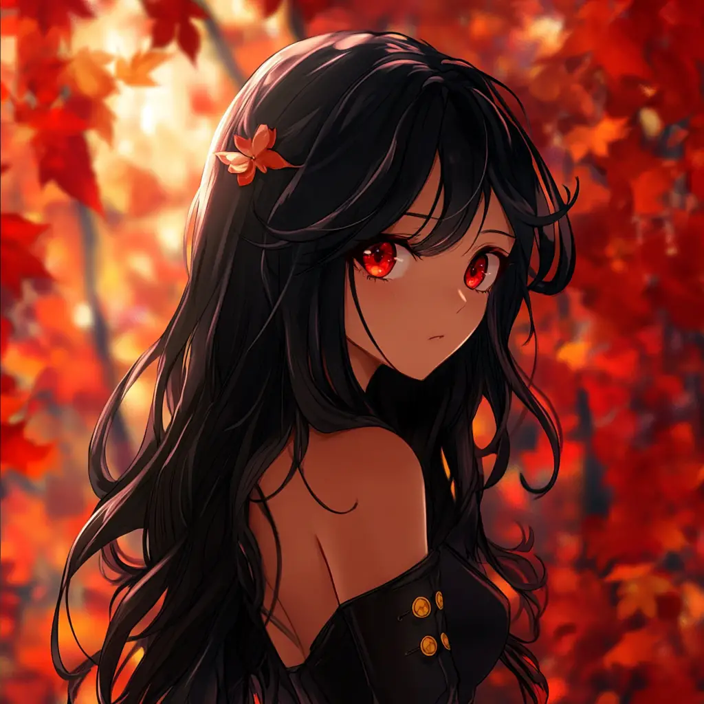 秋日落葉中的黑髮動漫少女