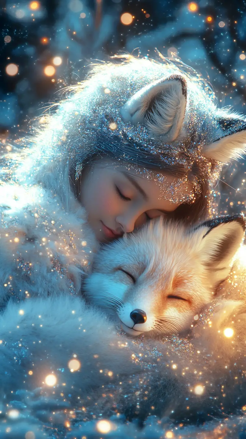 Fantasiefrau, die einen Polarfuchs in eisiger Landschaft umarmt