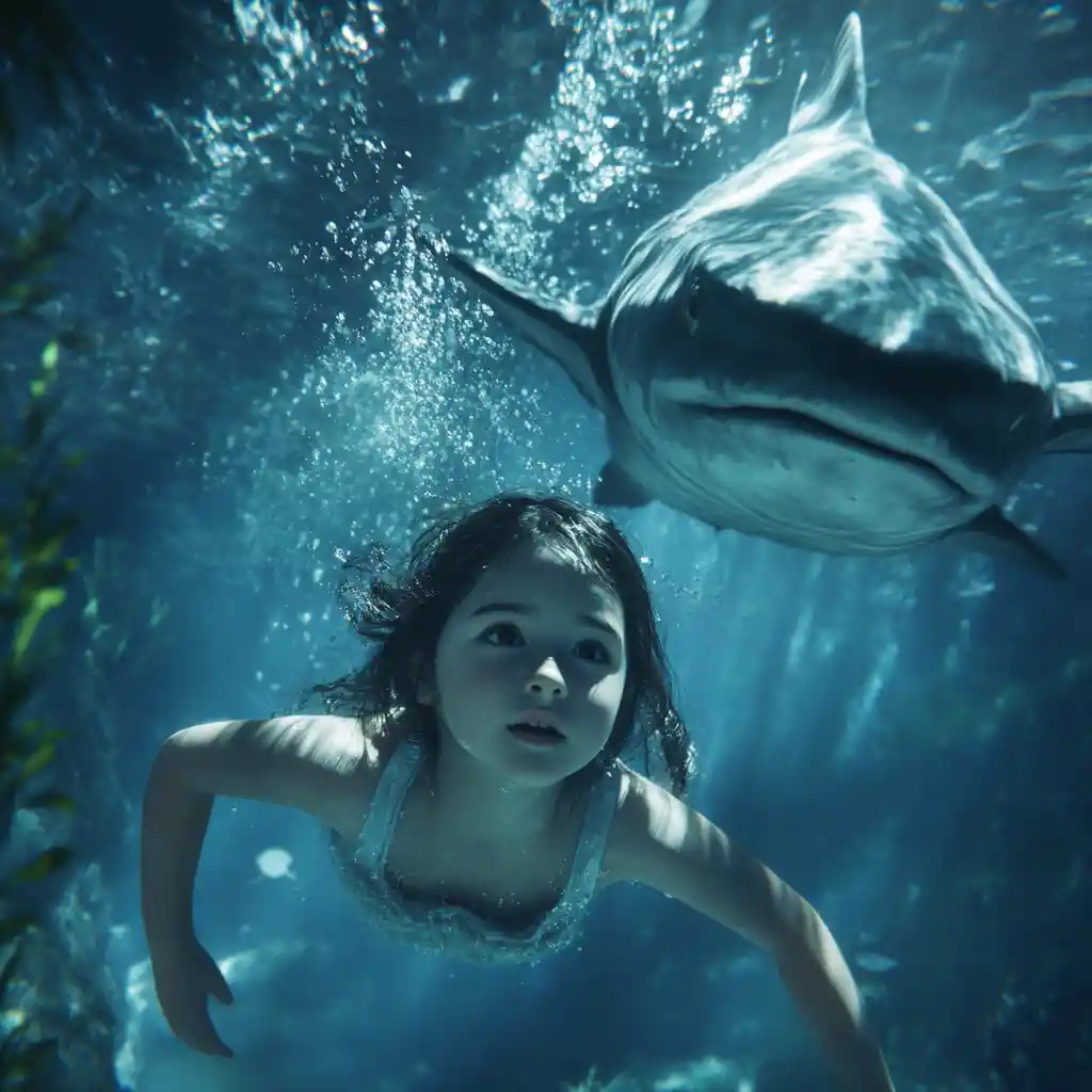Jovem garota japonesa debaixo d’água observando um grande peixe nadar